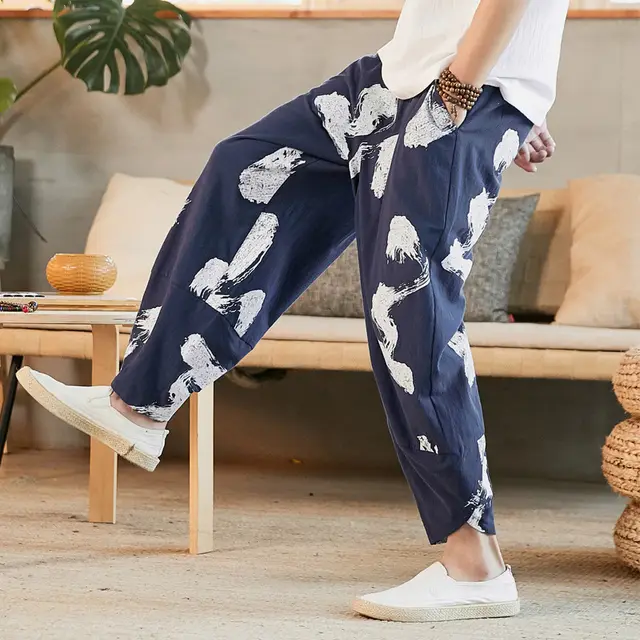 Men's Trousers Cotton And Linen Printed Cropped Trousers Blue - Shop at LoveMi