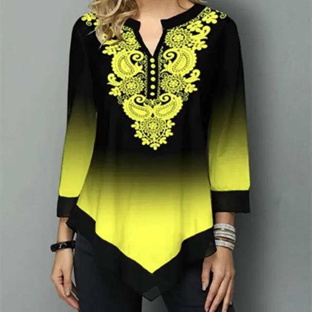 Fashion Round Collar Loose Type Gradual Change Blouse Yellow - Shop at LoveMi