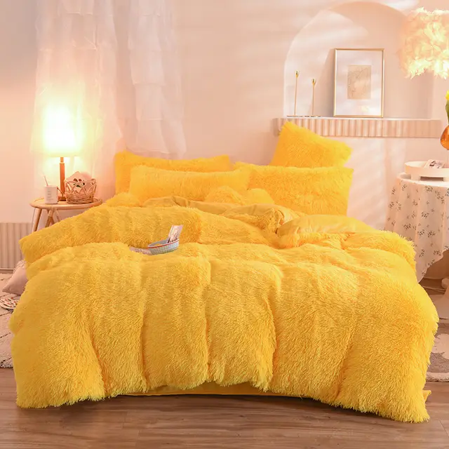 Luxury Thick Fleece Duvet Cover Queen King Winter Warm Bed Quilt Cover Pillowcase Fluffy Plush Shaggy Bedclothes Bedding Set Winter Body Keep Warm ... Yellow - Shop at LoveMi