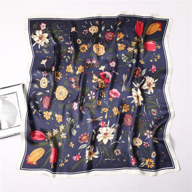 Printed Silk Scarf Female Professional Scarf Simulation Silk Scarf Navy Blue - Shop at LoveMi