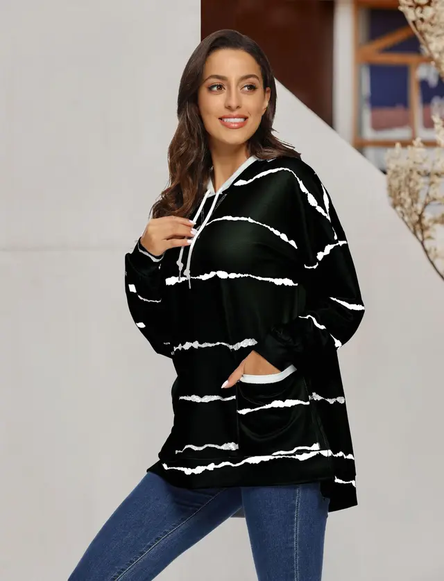Women's Printed Striped Hooded Loose Long Sleeve Sweater Black - Shop at LoveMi