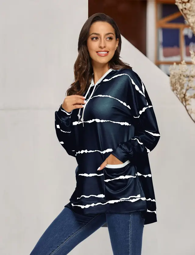 Women's Printed Striped Hooded Loose Long Sleeve Sweater Dark Blue - Shop at LoveMi