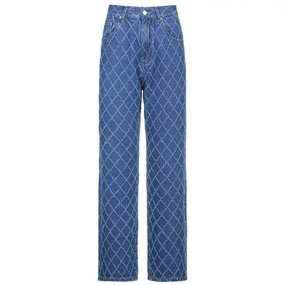 Women's Diamond Print High Rise Straight Leg Jeans Blue - Shop at LoveMi