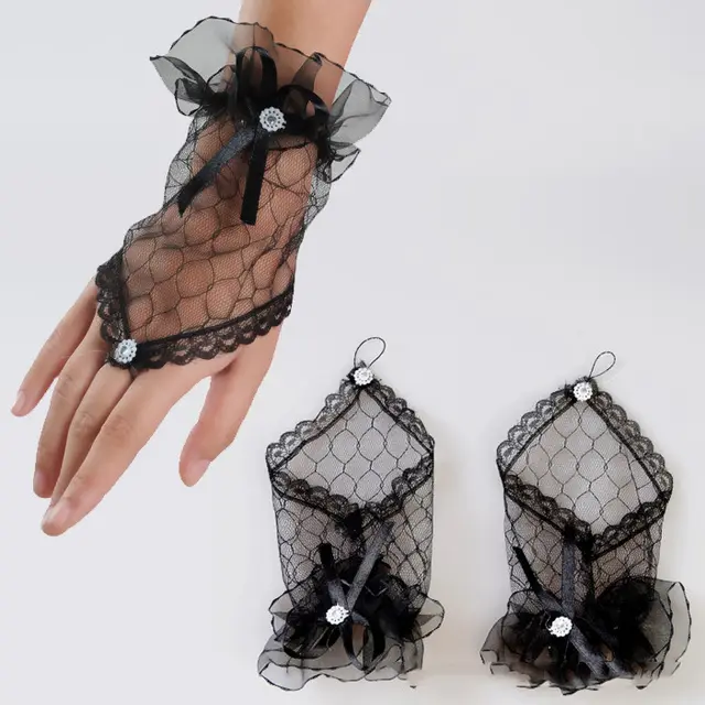 Bridal Wedding Gloves Fingerless Lace Gloves Short Yarn Hand Socks Sunscreen Black - Shop at LoveMi