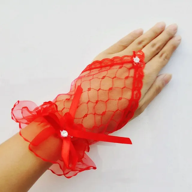 Bridal Wedding Gloves Fingerless Lace Gloves Short Yarn Hand Socks Sunscreen Red - Shop at LoveMi