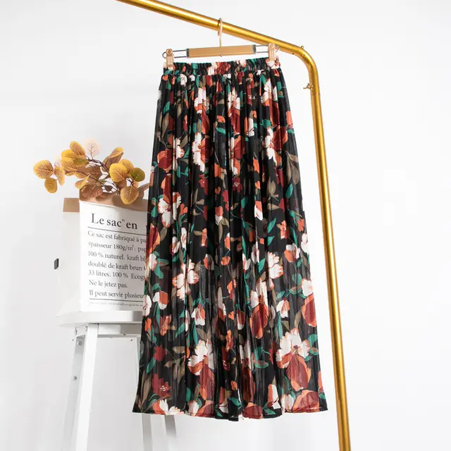 Mid Length Chiffon Pleated Floral Skirt Black - Shop at LoveMi
