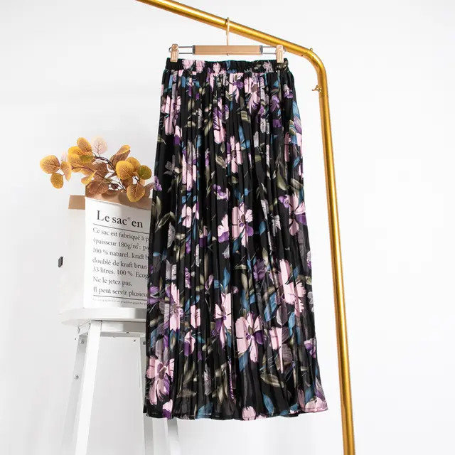 Mid Length Chiffon Pleated Floral Skirt Dark Purple - Shop at LoveMi