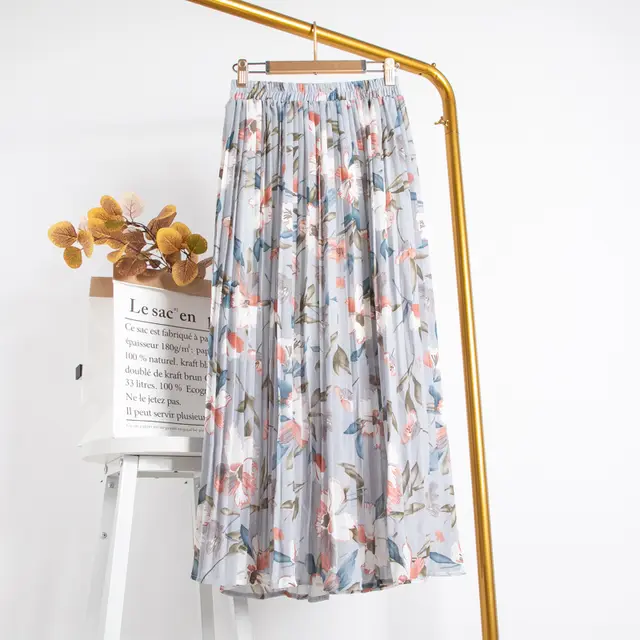 Mid Length Chiffon Pleated Floral Skirt Grey - Shop at LoveMi