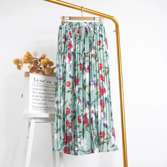 Mid Length Chiffon Pleated Floral Skirt Light Green - Shop at LoveMi