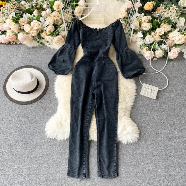 Sexy One Line Neck Strapless Puff Sleeve Jumpsuit Women Black - Shop at LoveMi