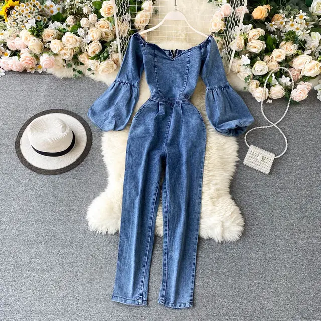 Sexy One Line Neck Strapless Puff Sleeve Jumpsuit Women Blue - Shop at LoveMi