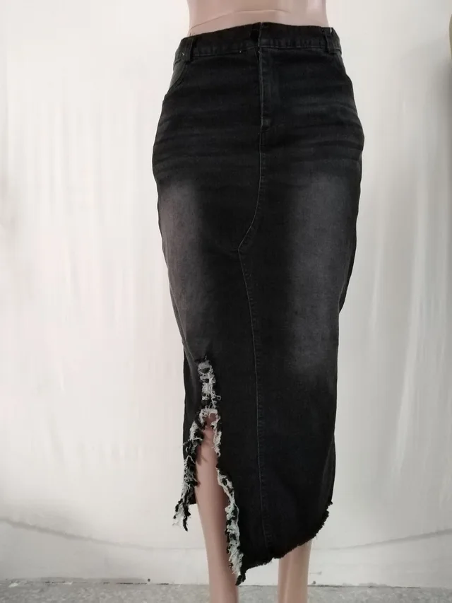 High Waist Washed Denim Split Hip Skirt Black - Shop at LoveMi