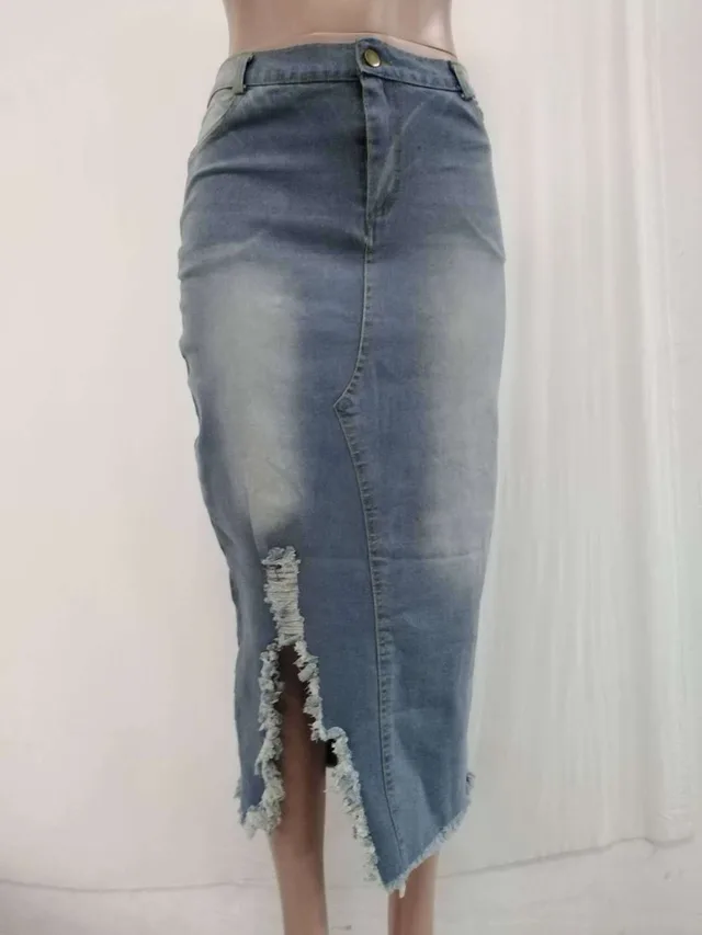High Waist Washed Denim Split Hip Skirt Light Blue - Shop at LoveMi