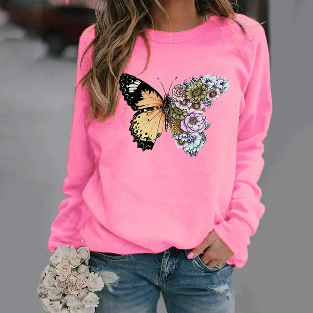 Butterfly Print Long Sleeved Round Neck Sweater Women Pink - Shop at LoveMi
