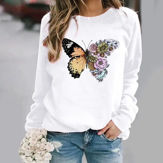 Butterfly Print Long Sleeved Round Neck Sweater Women White - Shop at LoveMi