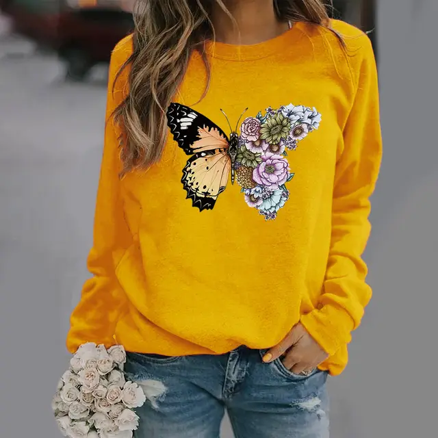 Butterfly Print Long Sleeved Round Neck Sweater Women Yellow - Shop at LoveMi
