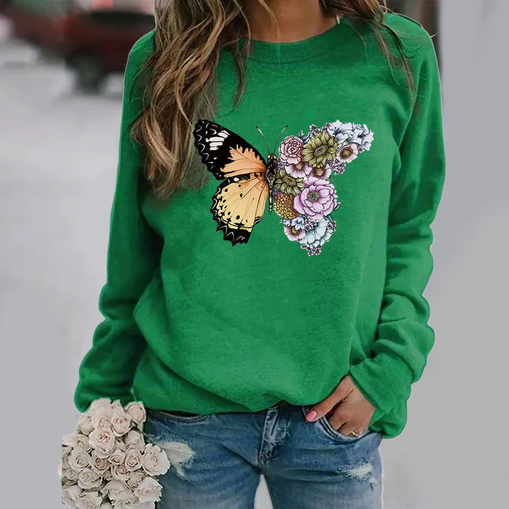 Butterfly Print Long-Sleeved Round Neck Sweater Women - Green