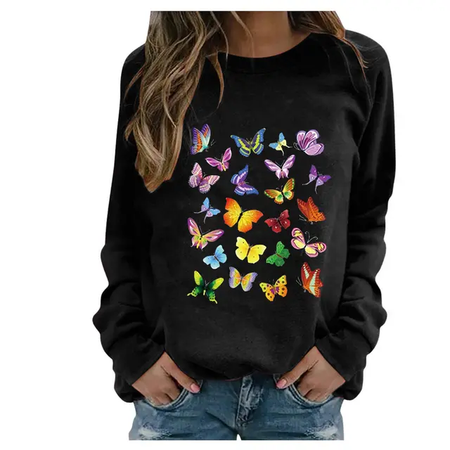 Ladies Long Sleeve Printed Round Neck Sweatshirt Black - Shop at LoveMi