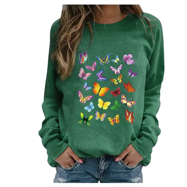 Ladies Long Sleeve Printed Round Neck Sweatshirt Green - Shop at LoveMi
