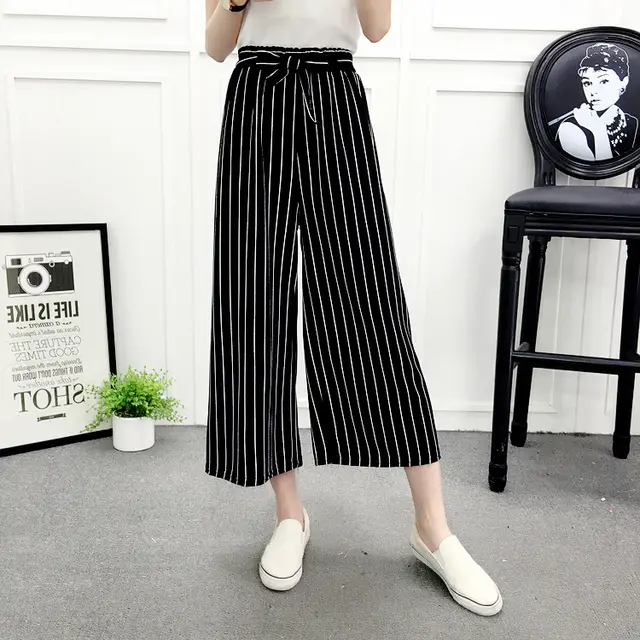Cropped Pants Casual Wide leg Pants Black And White Stripes Black - Shop at LoveMi