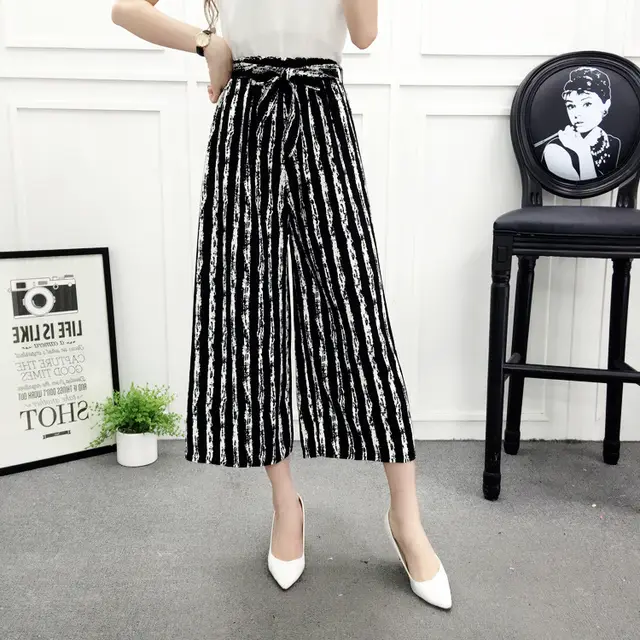 Cropped Pants Casual Wide leg Pants Black And White StripesP Black - Shop at LoveMi