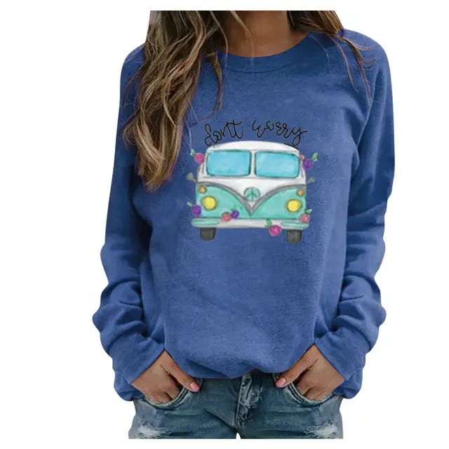 Women's Long Sleeve Printed Round Neck Sweater Blue - Shop at LoveMi