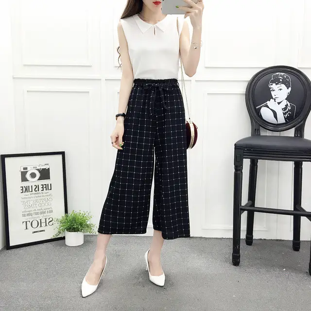 Casual Wide leg Pants Black And White Striped Pants Black - Shop at LoveMi