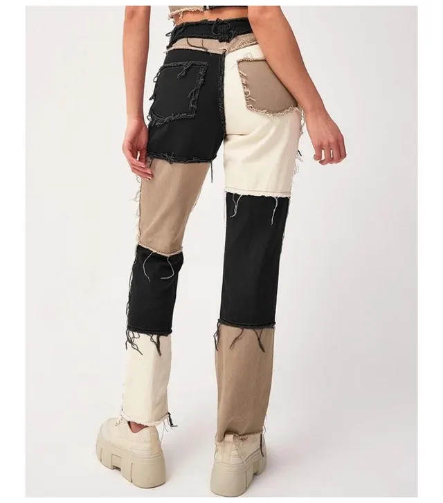 High Elastic Stitching Raw Edge Women's Straight leg Jeans Black - Shop at LoveMi