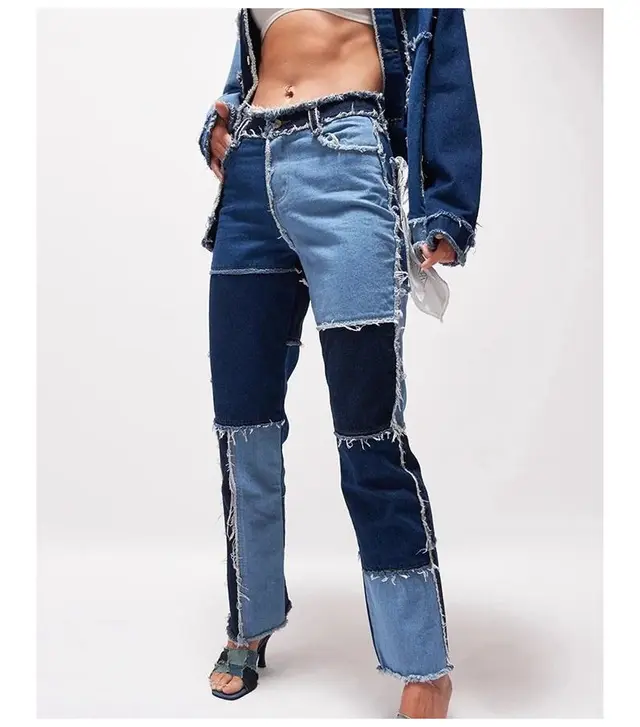 High Elastic Stitching Raw Edge Women's Straight leg Jeans Blue - Shop at LoveMi