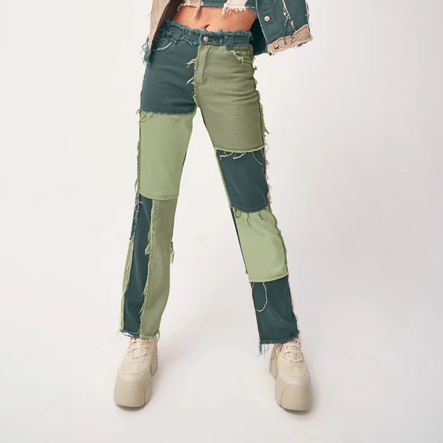 High Elastic Stitching Raw Edge Women's Straight leg Jeans Green - Shop at LoveMi