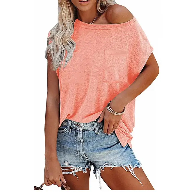 Pocket Off Shoulder Round Neck Short Sleeve Top T shirt Pink - Shop at LoveMi