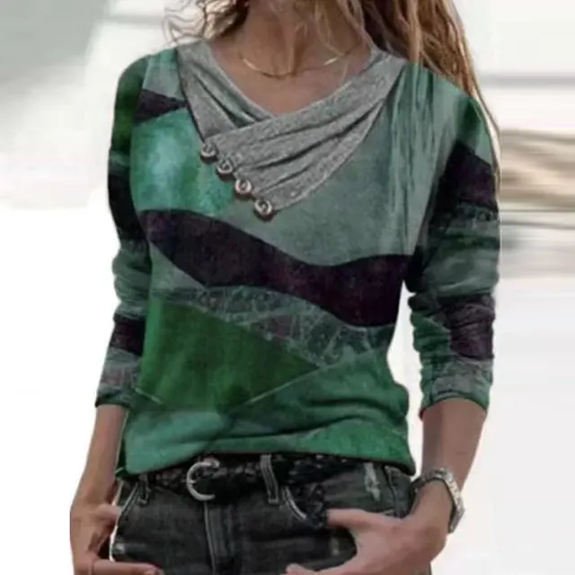 Loose V Neck Long Sleeved Printed T Shirt Top Green - Shop at LoveMi