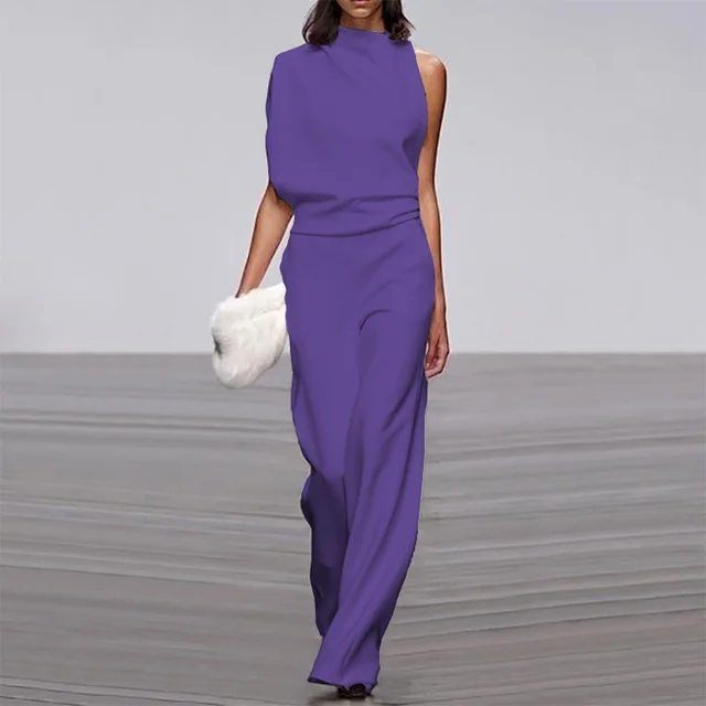 Solid Color One Shoulder Pile Collar Jumpsuit Purple - Shop at LoveMi