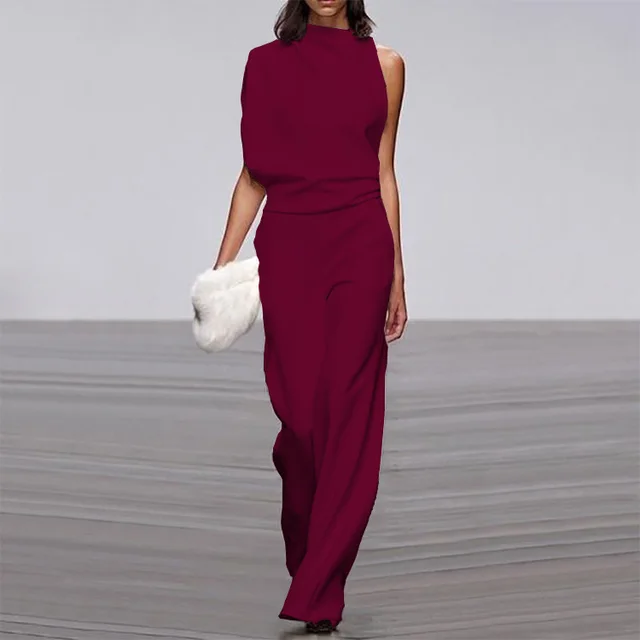 Solid Color One Shoulder Pile Collar Jumpsuit Wine Red - Shop at LoveMi
