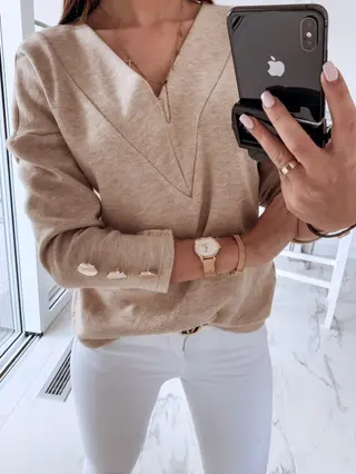 Long Sleeve Solid Color V-Neck Button Top Bottoming Shirt - Khaki