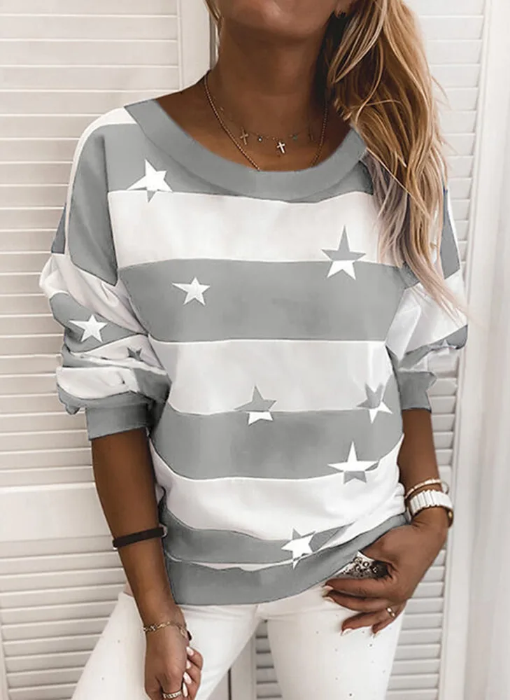 Striped Printed Long Sleeve Top Loose Sweatshirt Grey - Shop at LoveMi