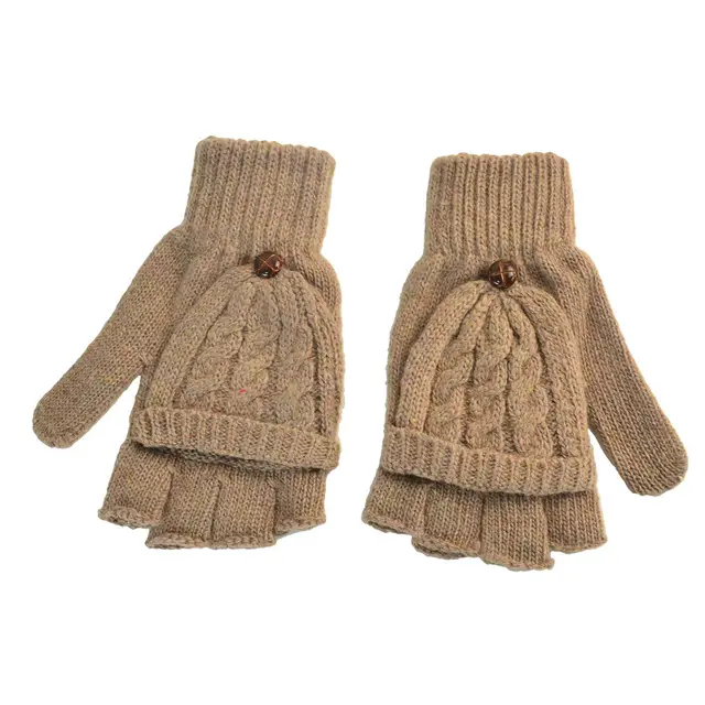 1 Pair Women Hand Warmer Flip Gloves Gift Soft Half Finger Mittens Gloves Knitted Thicken Artificial Wool Thermal Autumn Winter Coffee - Shop at LoveMi
