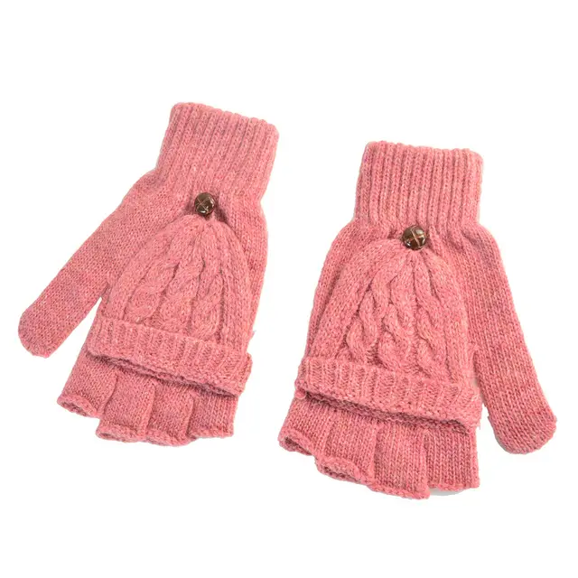 1 Pair Women Hand Warmer Flip Gloves Gift Soft Half Finger Mittens Gloves Knitted Thicken Artificial Wool Thermal Autumn Winter Pink - Shop at LoveMi