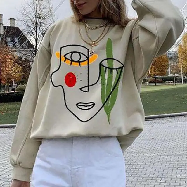 Long Sleeved Casual Printed Pullover Sweater Beige - Shop at LoveMi