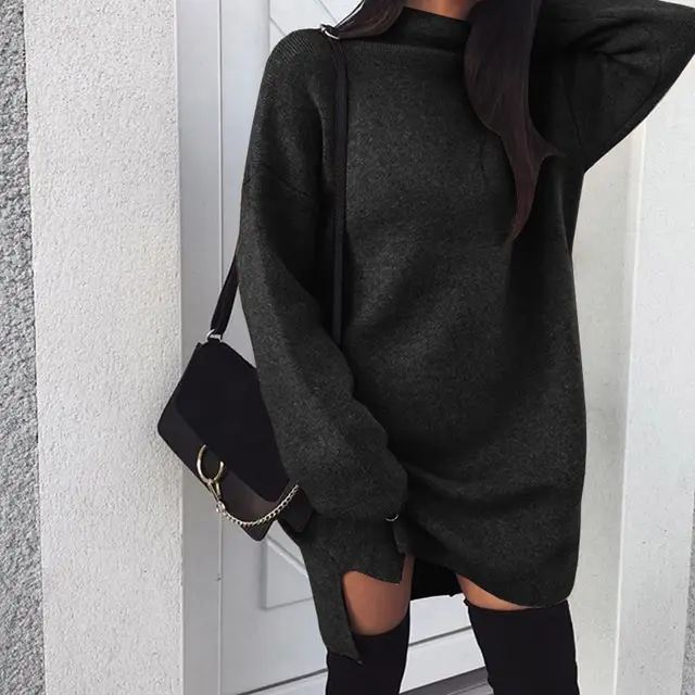Sexy High Neck Long Sleeve Comfortable Slit Sweatshirt Black - Shop at LoveMi