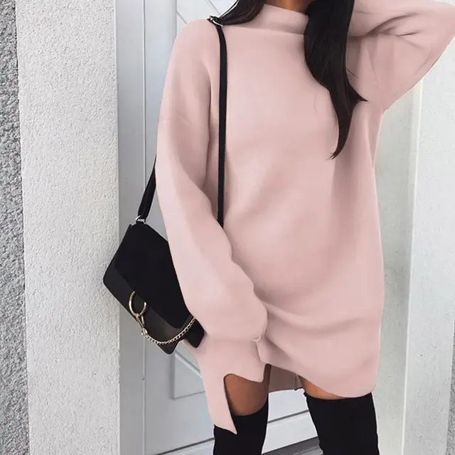 Sexy High Neck Long Sleeve Comfortable Slit Sweatshirt Pink - Shop at LoveMi