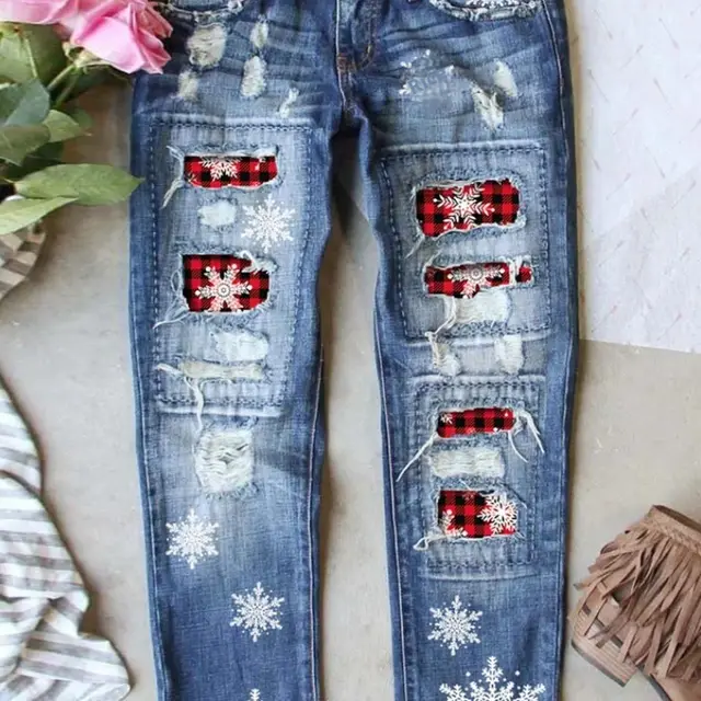 Ladies Ripped Plaid Ladies Jeans Trousers Snowflakes - Shop at LoveMi