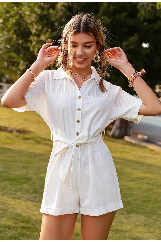 Pure Color Short sleeved Lapel Tie Jumpsuit Casual Jumpsuit Women White - Shop at LoveMi