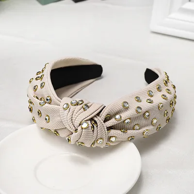 Knotted Headband With Edging Rhinestones In The Middle Beige - Shop at LoveMi
