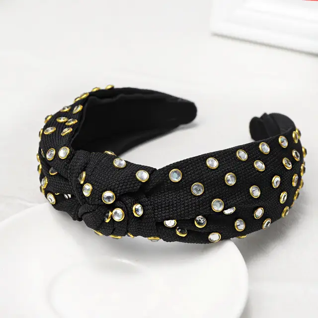 Knotted Headband With Edging Rhinestones In The Middle Black - Shop at LoveMi