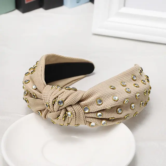 Knotted Headband With Edging Rhinestones In The Middle Khaki - Shop at LoveMi