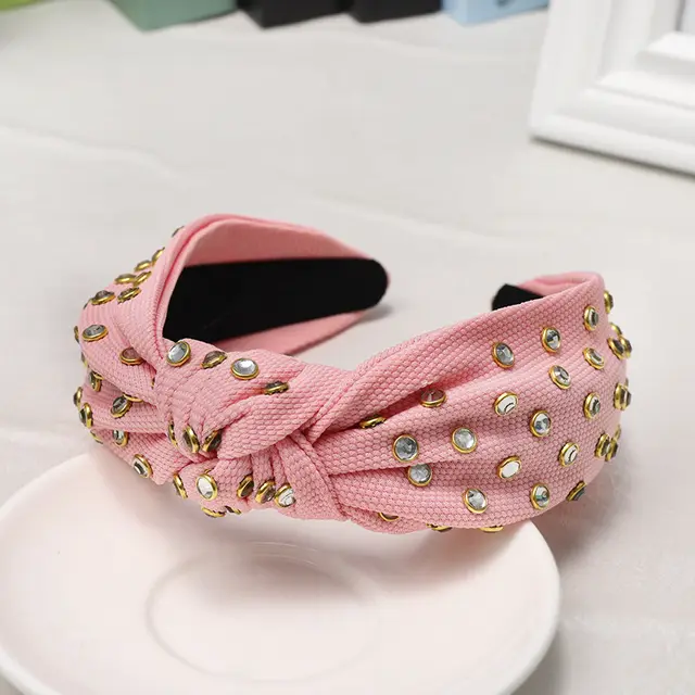 Knotted Headband With Edging Rhinestones In The Middle Pink - Shop at LoveMi