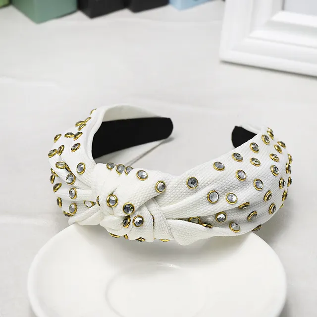 Knotted Headband With Edging Rhinestones In The Middle White - Shop at LoveMi