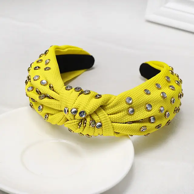 Knotted Headband With Edging Rhinestones In The Middle Yellow - Shop at LoveMi