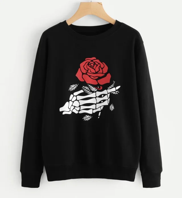 European Beauty Round Neck Ghost Claw Rose Print Long sleeved Sweater Black - Shop at LoveMi